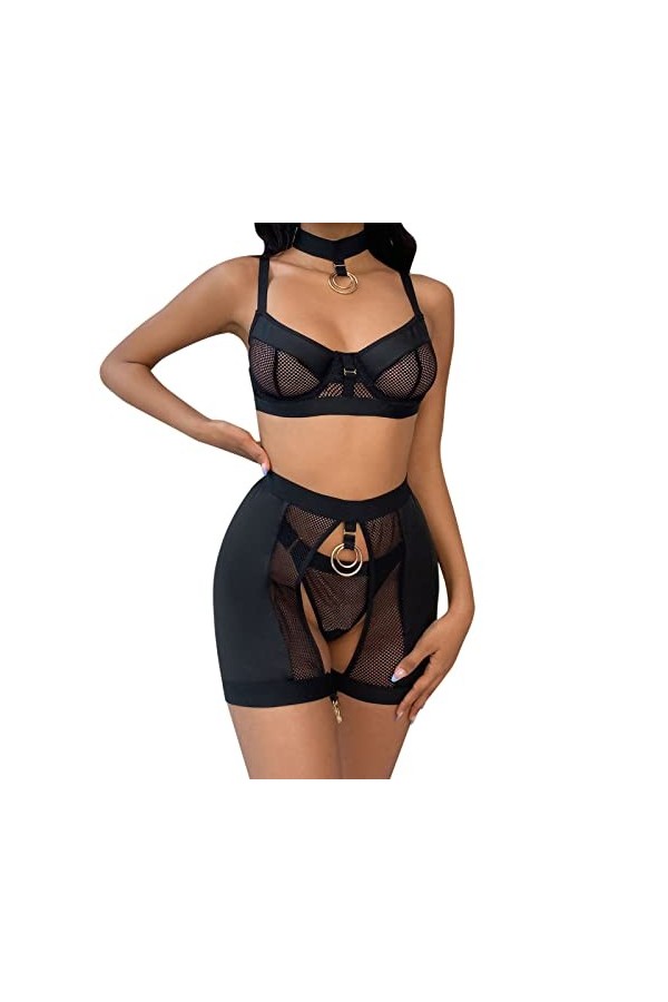 liaddkv Sous-vêtement sexy pour femme avec anneaux de jambe, Noir , XL