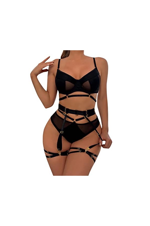 liaddkv Ensemble de lingerie sexy pour femme avec anneaux de jambe, Noir , XL