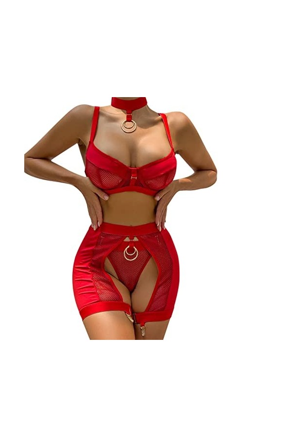 liaddkv Sous-vêtement sexy pour femme avec anneaux de jambe, rouge, XL