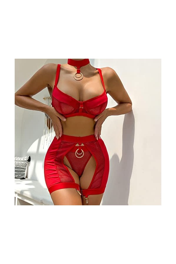 liaddkv Sous-vêtement sexy pour femme avec anneaux de jambe, rouge, XL