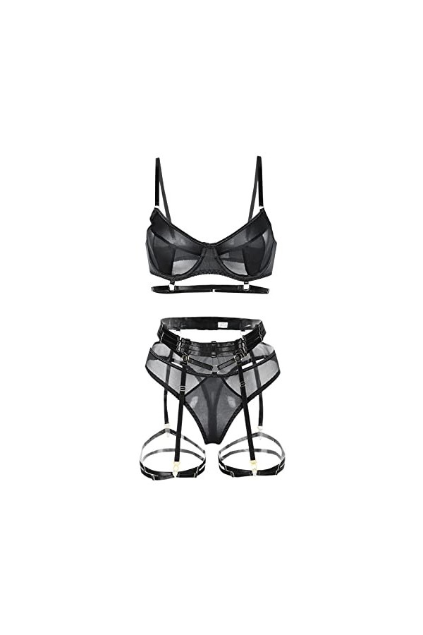 liaddkv Ensemble de lingerie sexy pour femme avec anneaux de jambe, Noir , S