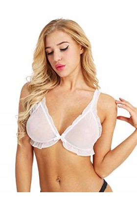 Kaerm Soutien-Gorge Dentelle Transparente Femme Sexy Bra Brassière Push up Lingerie Maille Mesh Noir sous-Vêtement Blanc L
