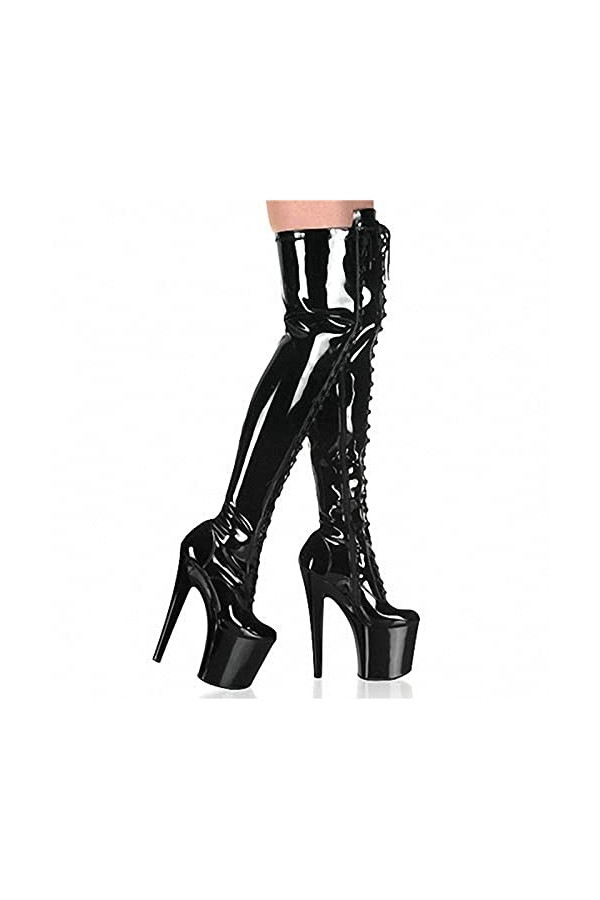 LEBE 23CM Talons Hauts Bout Rond Bottes Hautes Au Genou Pole Dance Cuissardes Bottes-Black||45
