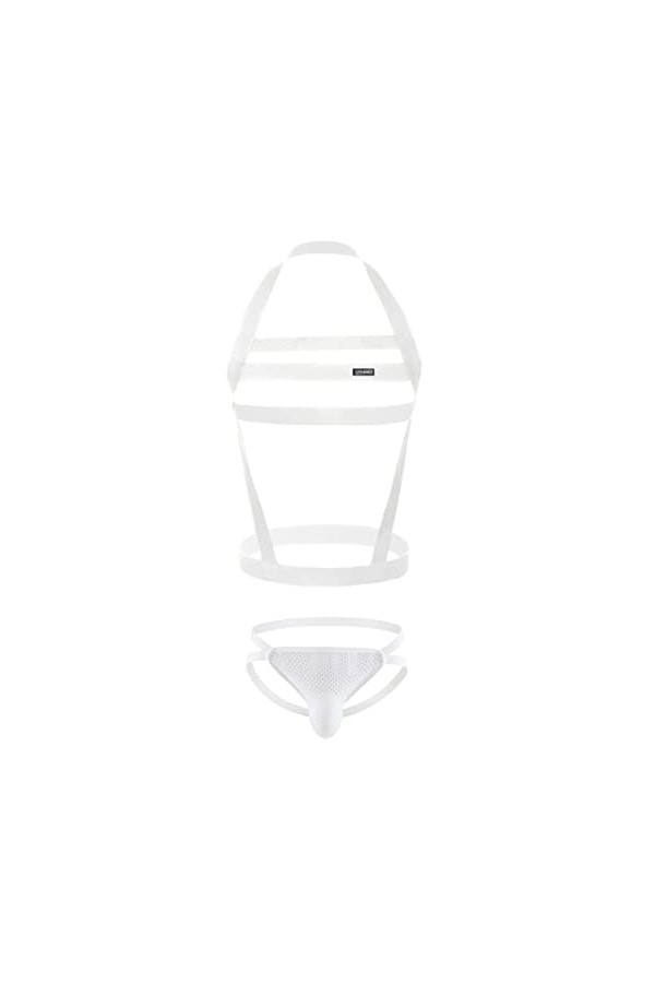 WSZJLN Ensemble de lingerie sexy élastique pour homme avec harnais de poitrine et sangle de poitrine avec string en G, blanc,