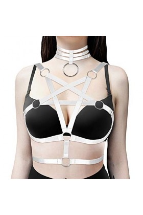 Pentagram Harnais de corps pour femme Lingerie Cage Punk Gothique Ceinture Festival Rave Sangle de poitrine Tissu extensible 
