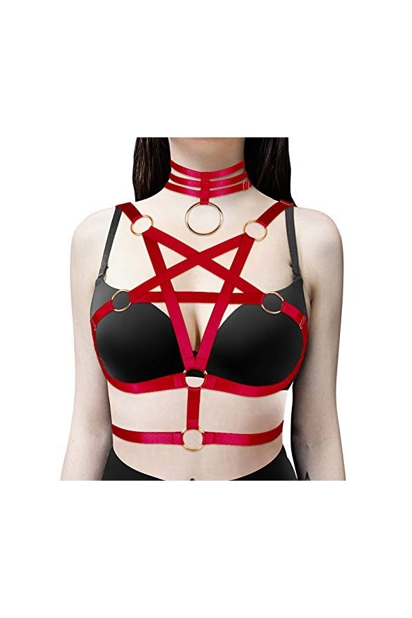 Pentagram Harnais de corps pour femme Lingerie Cage Punk Gothique Ceinture Festival Rave Sangle de poitrine Tissu extensible 