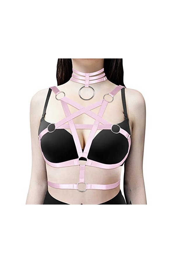 Pentagram Harnais de corps pour femme Lingerie Cage Punk Gothique Ceinture Festival Rave Sangle de poitrine Tissu extensible 