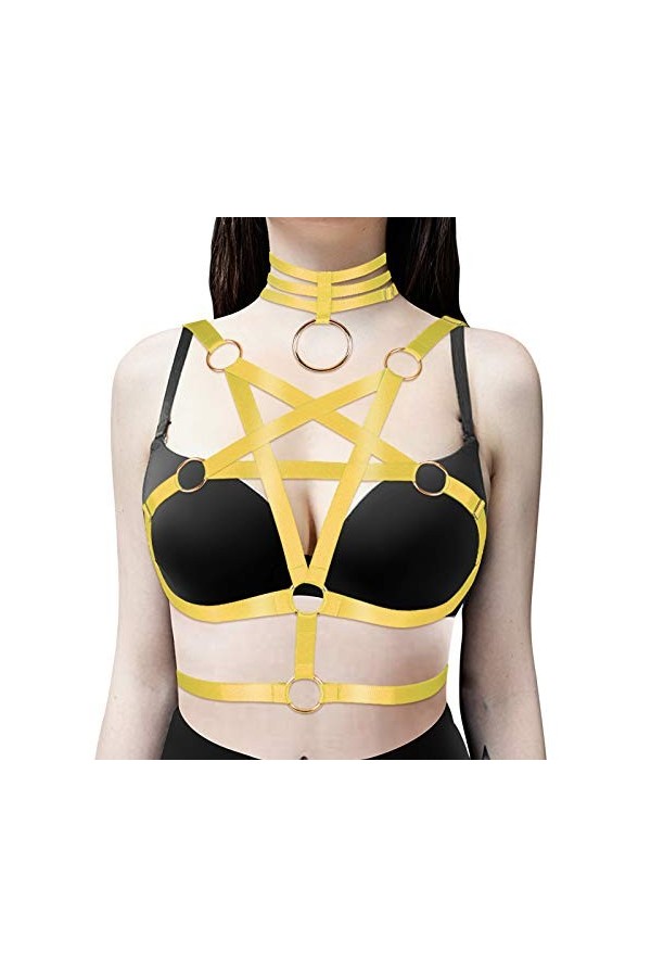 Pentagram Harnais de corps pour femme Lingerie Cage Punk Gothique Ceinture Festival Rave Sangle de poitrine Tissu extensible 