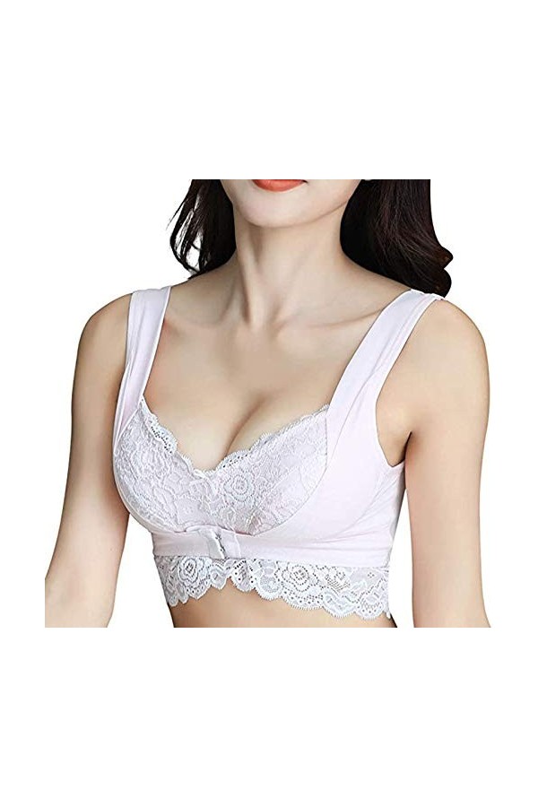 R Front Sexy Boucle Gathe Anneau Sans Lait Dentelle Soutien-Gorge en Acier Brassière & Bustier, Blanc., L