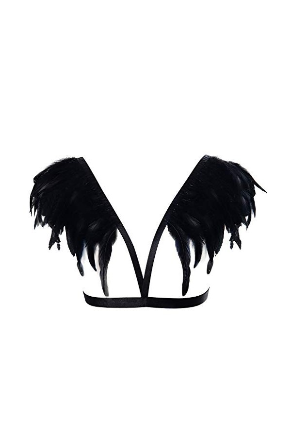 Harnais de corps pour femme avec soutien-gorge cage à plumes et épaulettes punk gothique lingerie ceinture réglable festival 