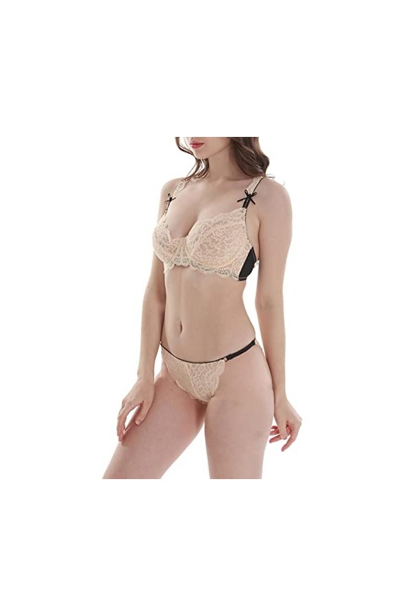 CHOUBAGUAI Lingerie sexy 3/4 en dentelle transparente avec soutien-gorge push-up non doublé grande taille pour femme - Blanc,