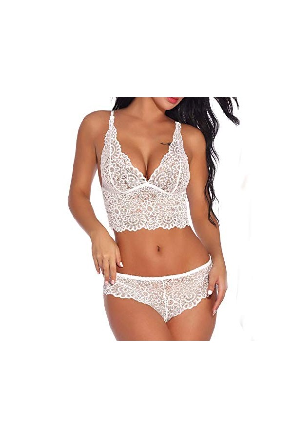 Ensemble de lingerie sexy en dentelle avec soutien-gorge et soutien-gorge, blanc, S