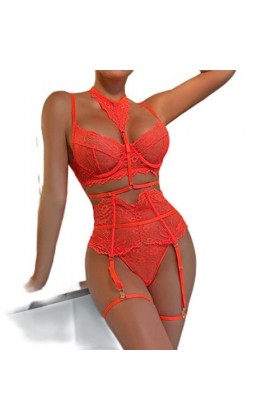 WEITING Sous-vêtements lingerie sexy 3 pièces soutien-gorge en dentelle costume porte-jarretelles sexy avec bas femme intime 