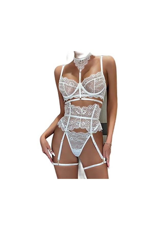 WEITING Sous-vêtements lingerie sexy 3 pièces soutien-gorge en dentelle costume porte-jarretelles sexy avec bas femme intime 