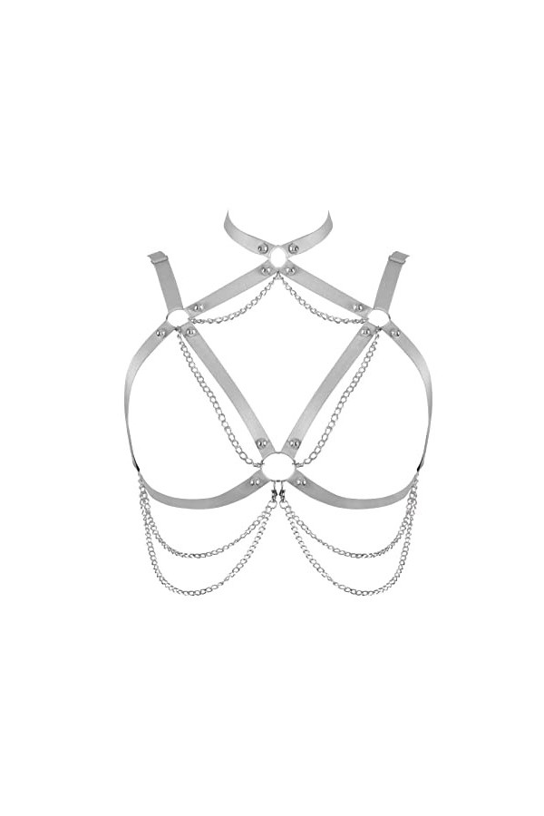 Harnais de corps pour femme Chaîne de corps Grande taille Chaîne en métal Punk Soutien-gorge réglable Bande de poitrine Gothi
