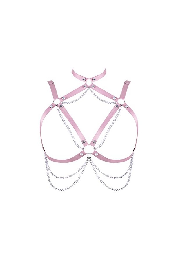 Harnais de corps pour femme Chaîne de corps Grande taille Chaîne en métal Punk Soutien-gorge réglable Bande de poitrine Gothi