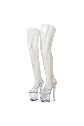 TIKENBST Talon Aiguille Talons Hauts 20cm Talons Hauts Extrêmes + 9cm Plate-Forme Transparente PVC sur Le Genou Zip Bottes D
