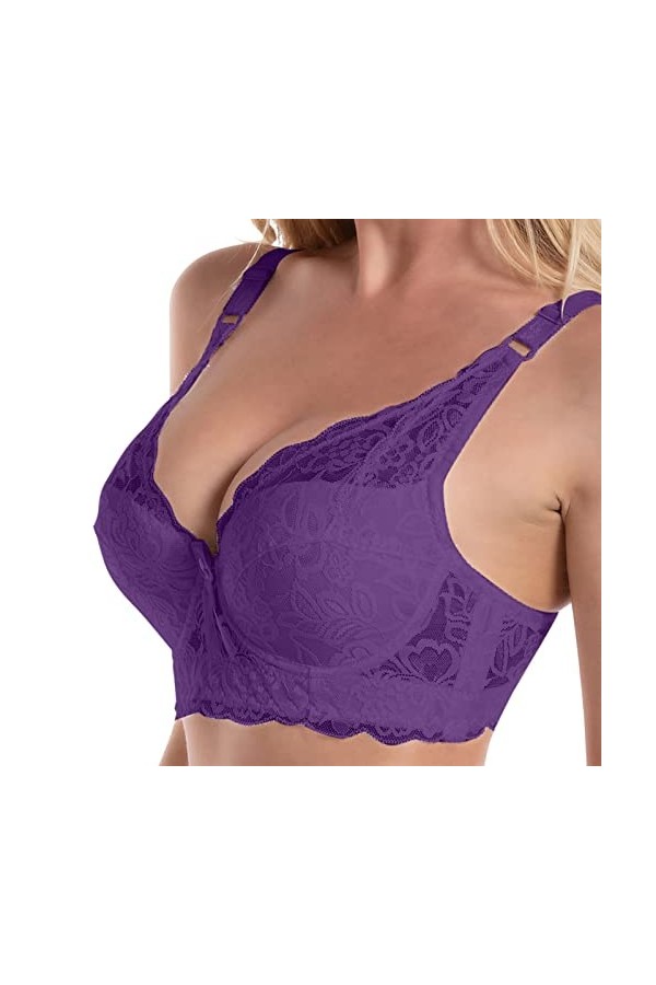 LIBELLEFLY Ensemble soutien-gorge sexy en dentelle froncée avec bretelles pour femme - Grande taille, violet, 90D
