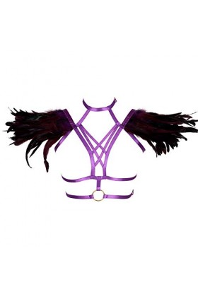 Harnais de Corps Femme Plume Soutien-Gorge Cage à Lingerie Gothique Ceinture Haut Taille Ajustable Festival Rave Punk Violet