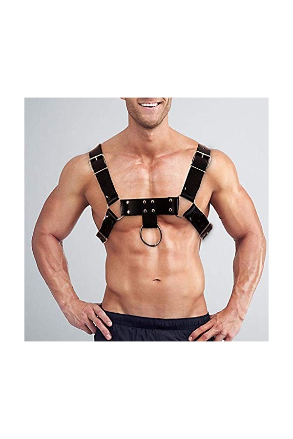 HTYG Harnais en cuir pour hommes-Harnais de poitrine réglable en cuir pour homme avec boucles-Poitrine Lingerie Clubwear-Jeu 