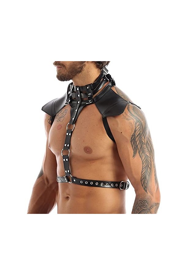 Harnais de poitrine pour homme en simili cuir avec boucles réglables et anneaux toriques pour Halloween
