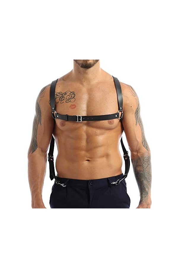 Harnais en cuir pour homme - Bretelles - Boucles de ceinture - Anneaux toriques en métal - Cosplay Club Halloween