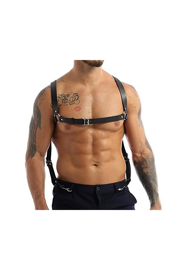 Harnais en cuir pour homme - Bretelles - Boucles de ceinture - Anneaux toriques en métal - Cosplay Club Halloween