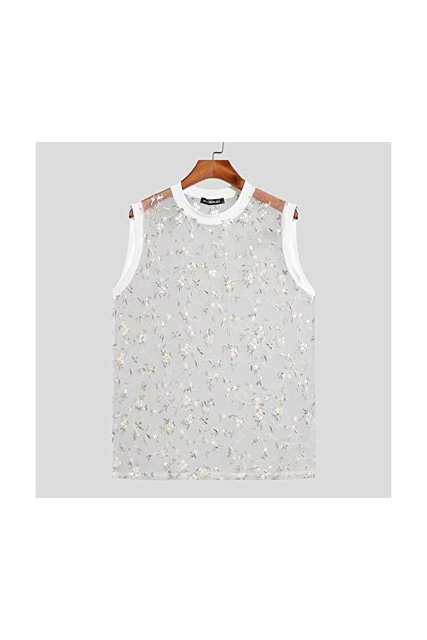 Hommes Débardeurs Mesh Patchwork Broderie O-col sans Manches Gilets de Mode Transparent Streetwear Hommes Tops S-5XL