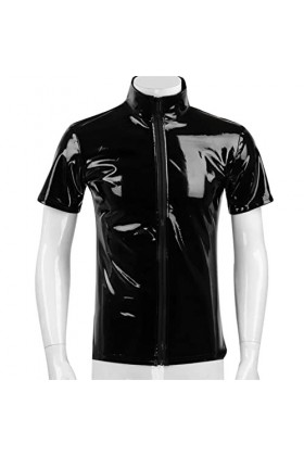 SARGE Plus Taille Hommes Cuir Brillant Chemise à Manches Courtes Mise en Forme Gaine Manteau décontracté Homme Brillant Métal