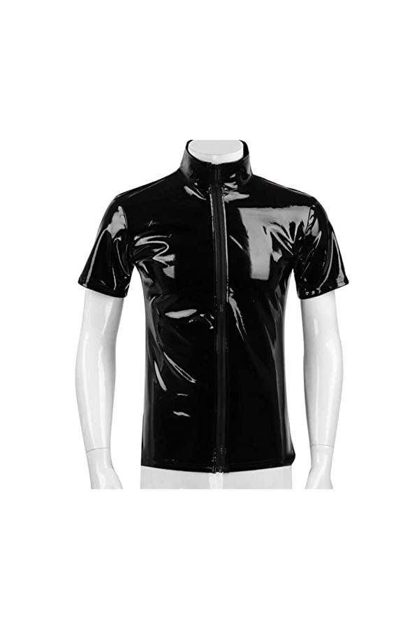 SARGE Plus Taille Hommes Cuir Brillant Chemise à Manches Courtes Mise en Forme Gaine Manteau décontracté Homme Brillant Métal