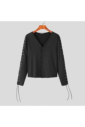 Mode Hommes Chemise V Col Manches Longues Dentelle Up Couleur Unie Streetwear Casual Hommes Crop Tops Bouton Camisas S-5XL