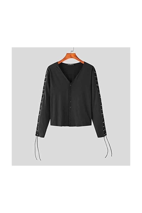 Mode Hommes Chemise V Col Manches Longues Dentelle Up Couleur Unie Streetwear Casual Hommes Crop Tops Bouton Camisas S-5XL