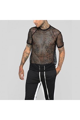 Hommes Transparent Mesh T Shirt Nouveau Voir à Travers Fishnet Manches Longues Muscle Undershirts Nightclub Party Perform Top