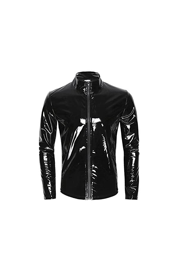 SARGE Plus Taille Hommes Chemise en Cuir Brillant Façonnage Gaine Latex Manteau décontracté Homme Brillant Métallisé Veste To