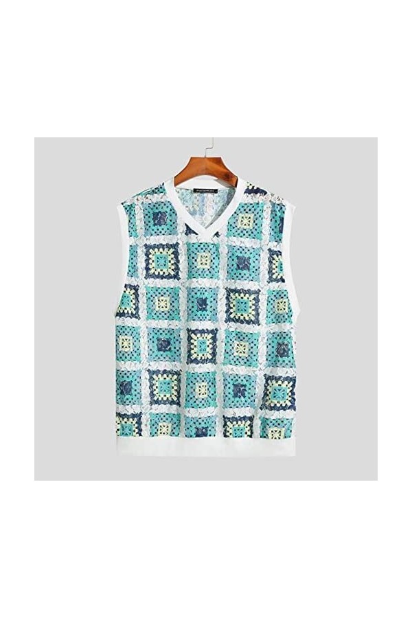 Hommes Débardeurs Impression V Col sans Manches Dentelle Up Voir à Travers Gilets Hommes Streetwear Mode Casual Tops S-5XL