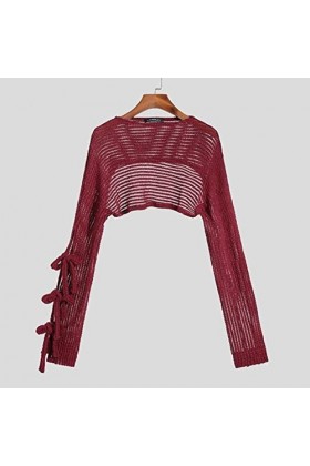 Hommes T-Shirts Mesh Transparent Manches Longues Dentelle Up Hollow Out Camisetas Streetwear Solid Color Fashion Tee Tops