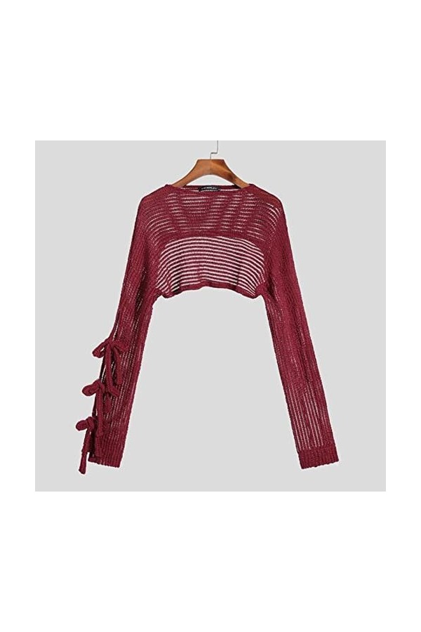 Hommes T-Shirts Mesh Transparent Manches Longues Dentelle Up Hollow Out Camisetas Streetwear Solid Color Fashion Tee Tops