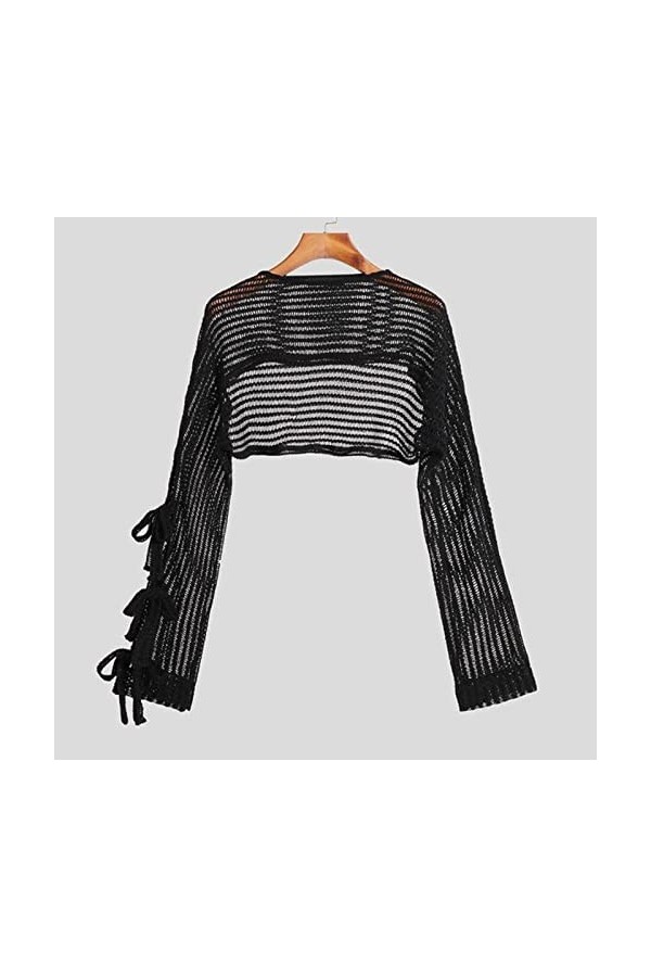 Hommes T-Shirts Mesh Transparent Manches Longues Dentelle Up Hollow Out Camisetas Streetwear Solid Color Fashion Tee Tops