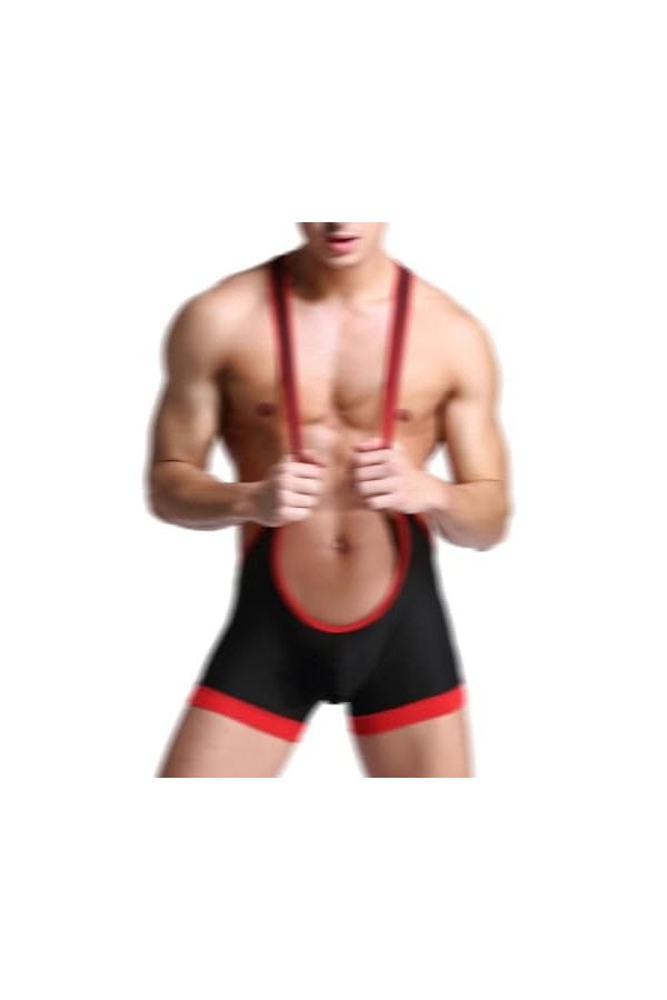 Homme Sexy Maille Une pièce Bretelles Jockstrap athlétique Body Boxer Lutte Singlet Combinaison Bikini Slips Noir,S 