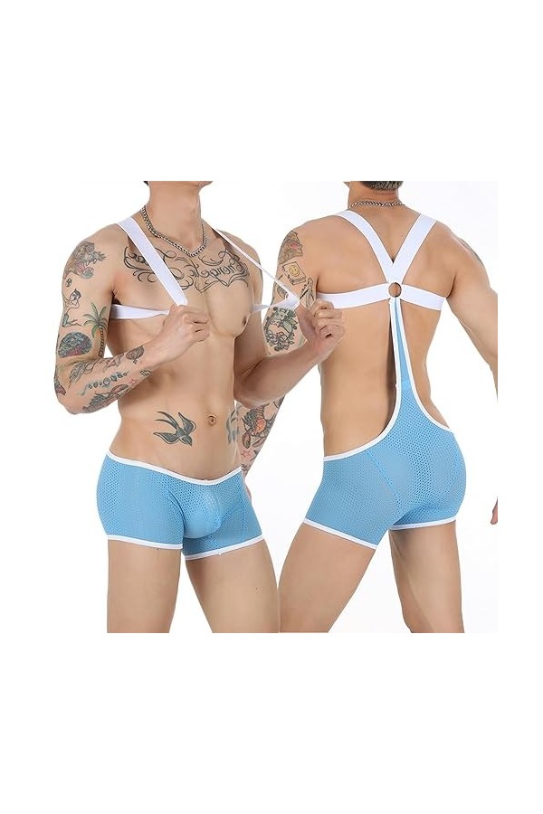 WSZJLN Boxer Sexy en Maille ajourée pour Homme, Combinaison avec Sangle élastique, Collant, Lingerie, Costume pour Adulte, Bl