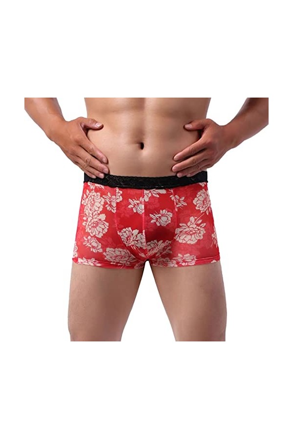 Calecon Homme Coton Boxer en Dentelle tricotée Sexy Taille Basse Respirante pour Hommes de Couleur Unie sous-vêtements Hommes