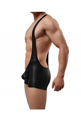 Bestgift Homme Ensembles de Lingerie Wrestling Singlet Thong Bodysuit Clubwear Noir L