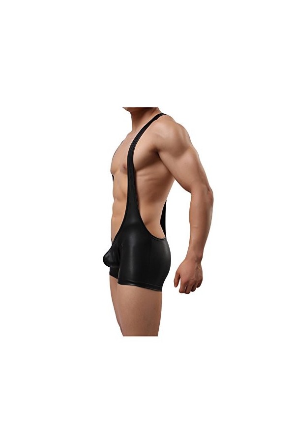 Bestgift Homme Ensembles de Lingerie Wrestling Singlet Thong Bodysuit Clubwear Noir L