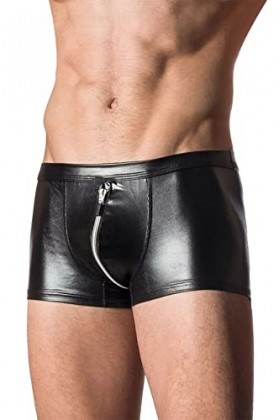 AIEOE Hommes Sexy Boxer en Similicuir Ouvert Slip Taille Basse Respirant sous-Vêtement Erotique Zippé à l’Entrejambes XL
