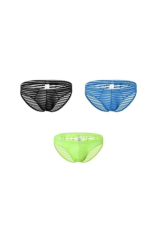 BaronHong Mens Skimpy Briefs Underwear Sexy Stripe Mesh See Through Briefs Noir, L 