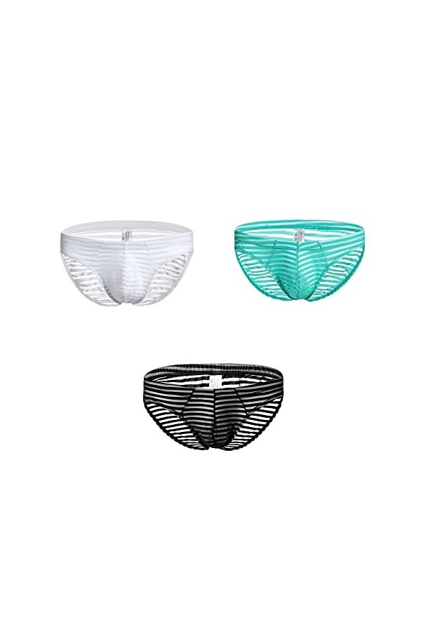BaronHong Mens Skimpy Briefs Underwear Sexy Stripe Mesh See Through Briefs Noir, L 