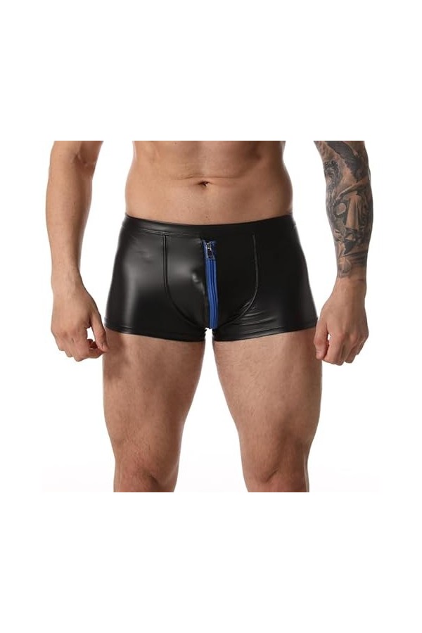 Cave Hero Short en latex avec fermeture éclair à lavant – Effet mouillé avec fermeture éclair, Noir/bleu., L