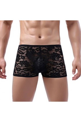 BIISDOST Boxer en Dentelle tricotée Taille Basse Respirante Sexy de Couleur Unie pour Hommes Pantalon Pyjama Homme Drôle Red