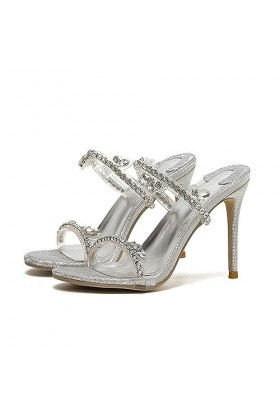 WOkismD 11.5CM / 4.52IN Mode Nouveau Ouvert Toe Côté Vide Strass Super Haut Talon Banquet Stiletto Pantoufles,Argent,41 EU