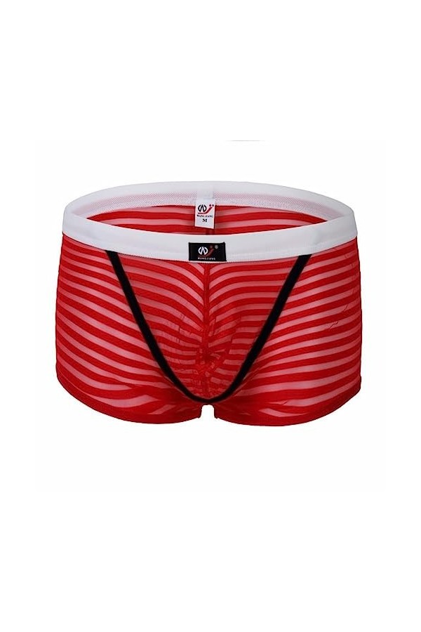 Strings Hommes Et Cordes G sous-vêtement Homme Maille Rayée Boxer Sexy sous-vêtement Soyeux Translucide Ultra-Fin,Rouge,XL